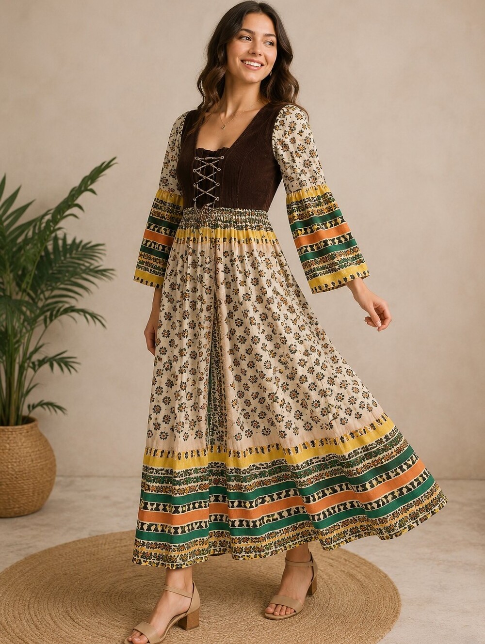 Bohemian Peasant Style 70's Dress Small Cottage Core Hippie Flower Child Gypsy